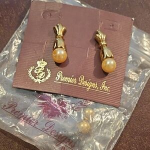 Premier Designs Gold Drop Earrings with Golden Pearl Accent